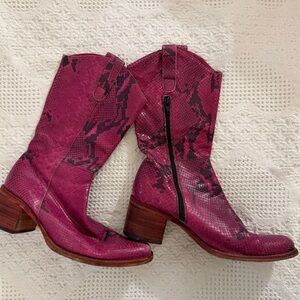 Hype Magenta Snake-Print Western Ankle Boots